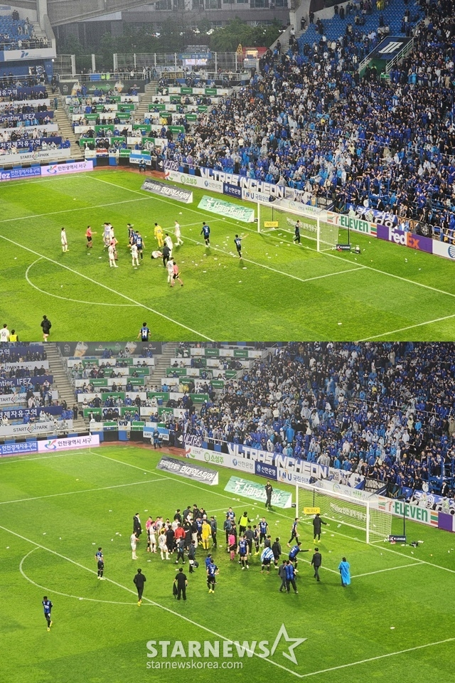 지난 2024년 5월 인천 유나이티드-FC서울전 직후 그라운드를 향해 물병을 던진 인천 팬들. /사진=이원희 기자