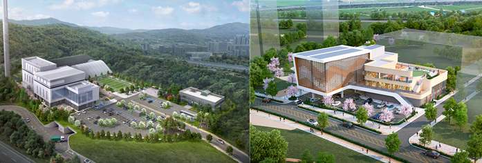 왼쪽 과천시자원정화센터 현대화사업 예상 조감도, 오른쪽 과천지식정보타운 문화체육시설 예상 조감도