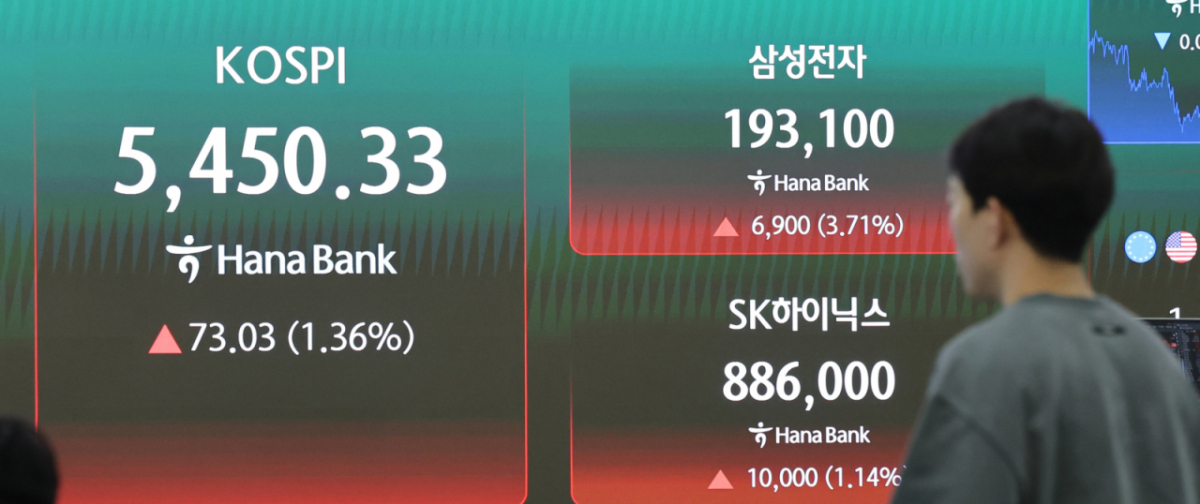 (서울=뉴스1) 박지혜 기자 = 6일 오후 서울 중구 하나은행 딜링룸 현황판에 코스피지수가 전 거래일 대비 73.03포인트 오른 5450.33을 나타내고 있다. 이날 코스닥은 전 거래일 대비 16.38포인트 내린 1047.37에 장을 마무리했다.  2026.4.6/뉴스1  Copyright © 뉴스1. All rights reserved. 무단 전재 및 재배포,  AI학습 이용 금지. /사진=(서울=뉴스1) 박지혜 기자
