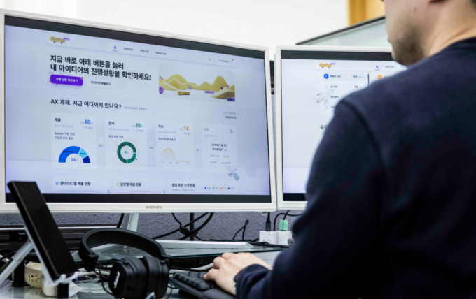 SK텔레콤 구성원이 전용 플랫폼 ‘AXMS’를 활용해 업무 현장에 적용할 AI 과제를 구체화하고 있다./사진제공=SK텔레콤