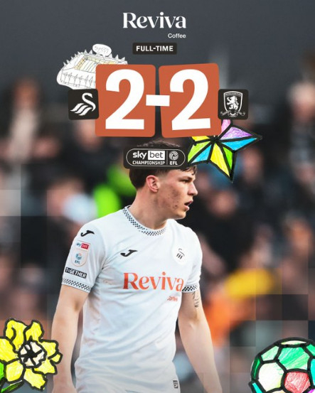 스완지는 7일(한국시간) 영국 웨일스의 스완지닷컴 스타디움에서 열린 미들즈브러와의 '2025~2026 잉글랜드 챔피언십(2부리그)' 41라운드 홈 경기에서 2-2로 비겼다. /사진=스완지시티 공식 SNS 갈무리