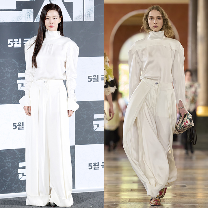 배우 전지현이 지난 6일 서울 용산구 CGV용산아이파크몰에서 열린 영화 '군체'(감독 연상호) 제작보고회에 참석해 포즈를 취하고 있다. /사진-머니투데이 DB, 루이비통