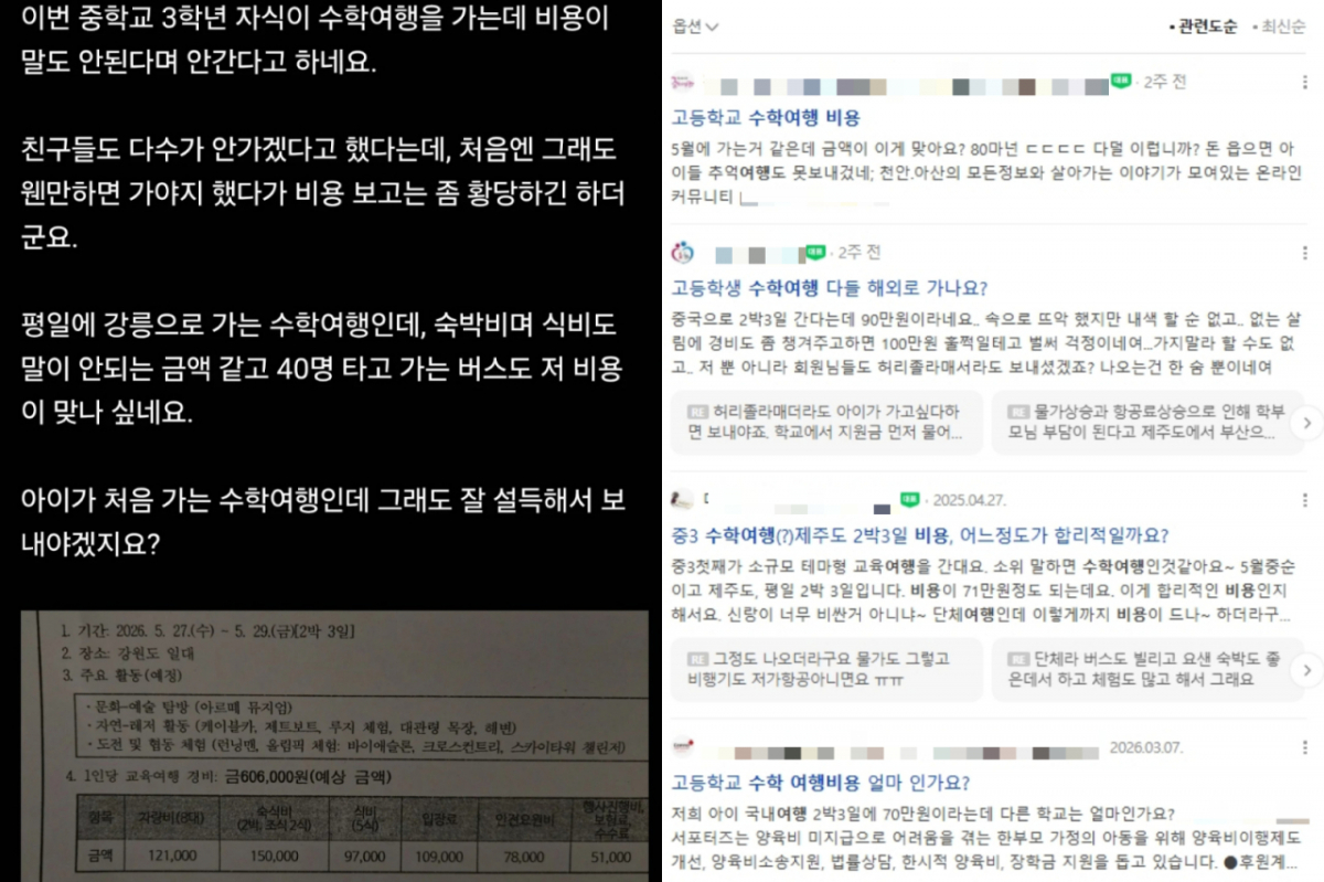 수학여행 관련 온라인 커뮤니티 글들 /사진=온라인 커뮤니티 캡처
