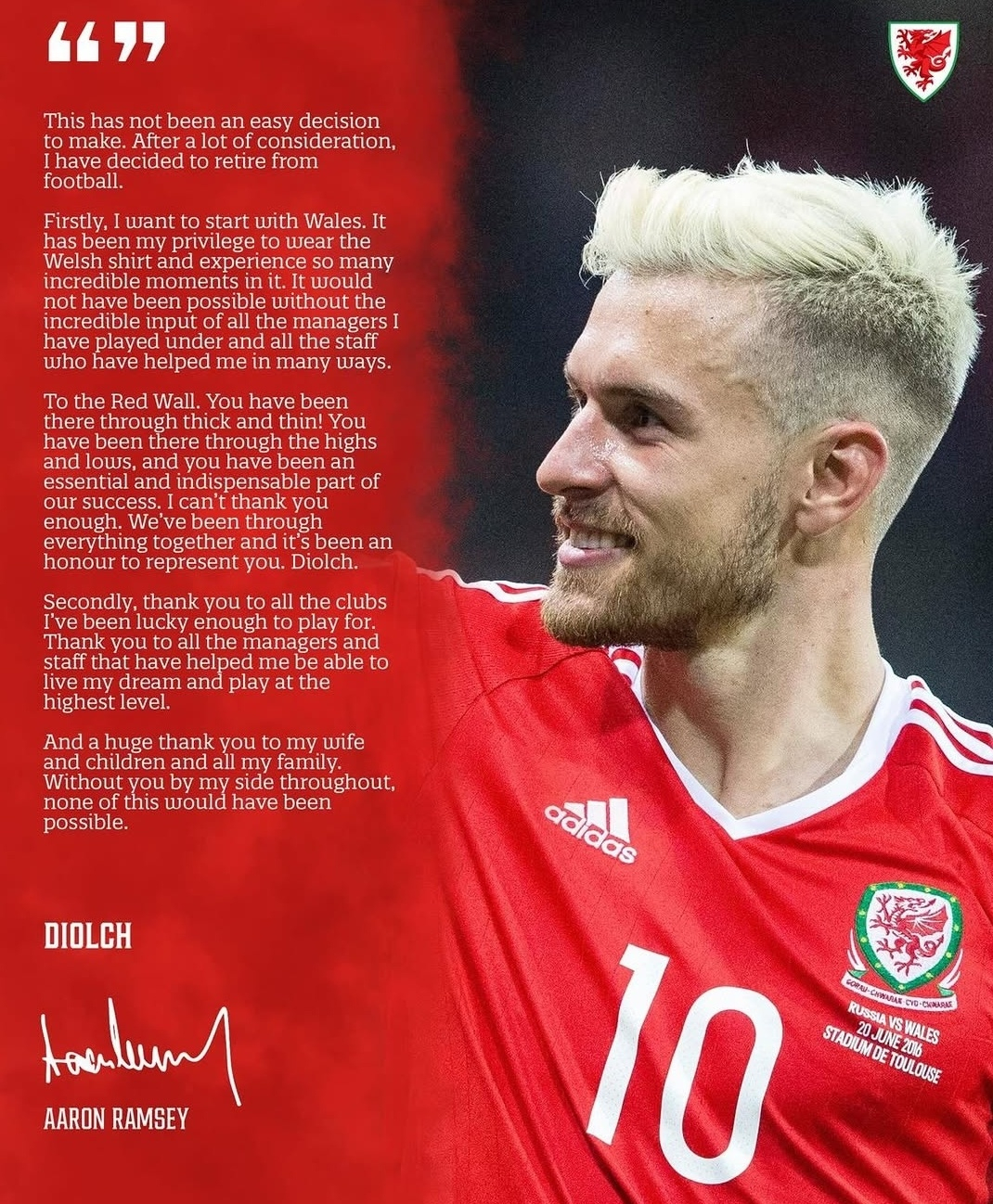 아론 램지의 은퇴 선언문. /사진=아론 램지 개인 사회관계망서비스(SNS)