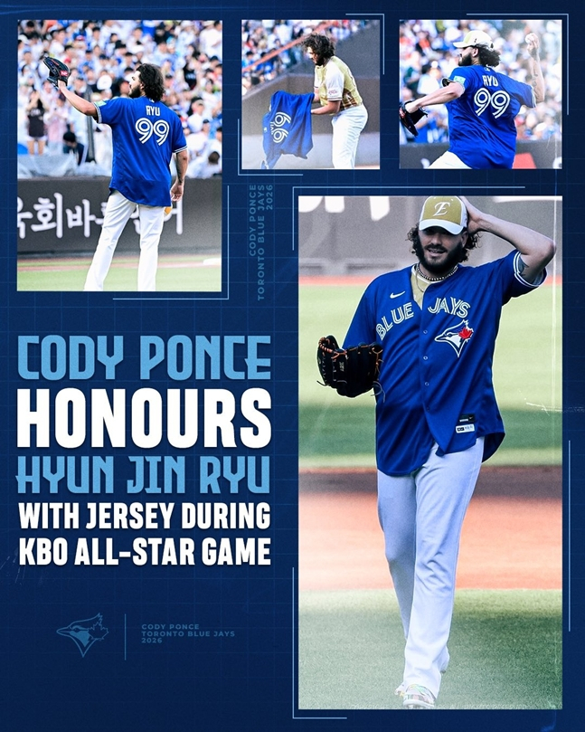 토론토 구단은 폰세 입단 당시, 폰세가 올스타전에서 류현진의 유니폼을 입은 사실을 알렸다. /사진=토론토 블루제이스 구단 공식 SNS 갈무리