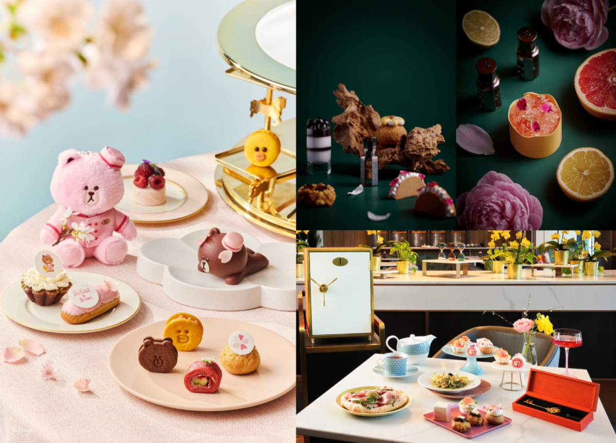(왼쪽부터 시계방향으로)소피텔 앰배서더 서울 '레이지 브라운 르 구떼', 파크 하얏트 부산 'The Scented Garden', 풀만 앰배서더 서울 '이스트폴' 스프링 애프터눈 티 세트/사진제공=각 호텔