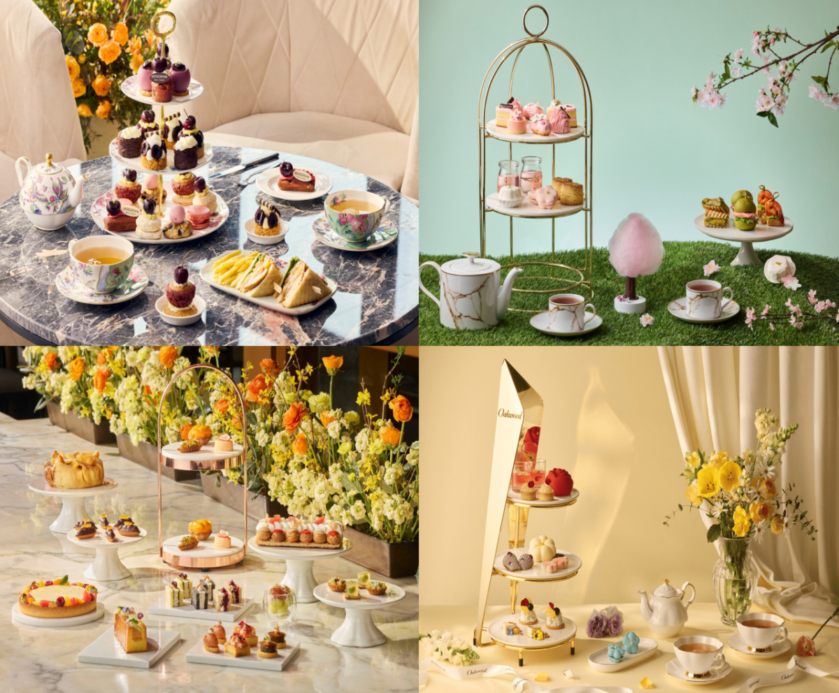 (왼쪽 위부터 시계방향으로)몬드리안 서울 애프터눈티 세트, 카시아 속초 ‘스프링 블로섬’, 오크우드 가든 플로럴 애프터눈 티세트, 그랜드 하얏트 서울 ‘Maison de Bloom’ 애프터눈 티 세트/사진제공=각 호텔