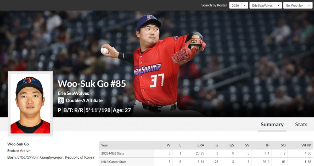 고우석의 소속팀이 디트로이트 더블A 팀으로 적혀 있다. /사진=MiLB.com 공식 홈페이지 갈무리