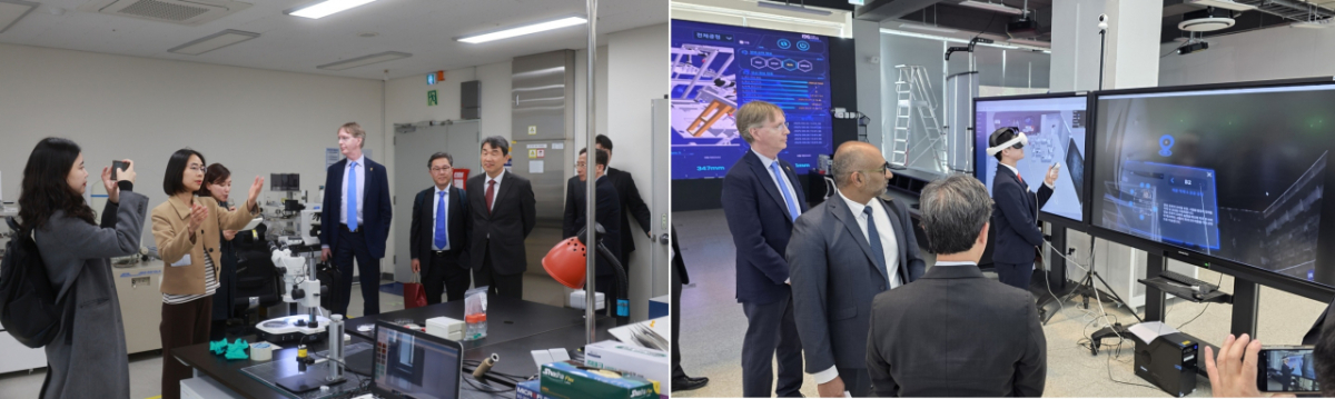 ASU 방문단이 공용장비센터(왼쪽 사진)와 다담미래학습관을 견학하고 있다./사진제공=한기대