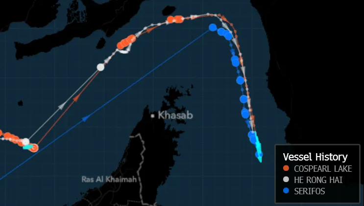 11일(현지시간) 호르무즈 해협을 통과한 초대형 유조선의 이동 경로 /사진=블룸버그