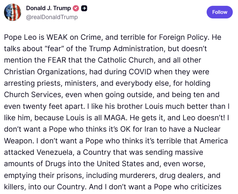 도널드 트럼프 미국 대통령이 레오 14세 교황을 직격했다,/사진=트루스소셜