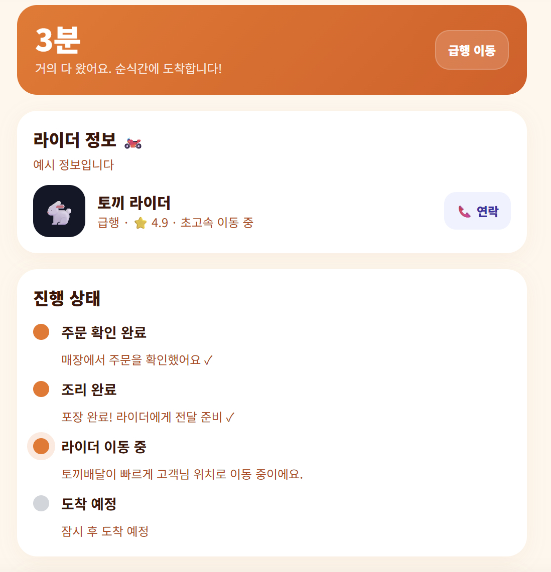 가짜 배달앱 사이트 '음식만안와요'에서 음식 배달을 주문하자 '토끼 라이더'가 배정됐다. 사이트에서는 가짜 배달 진행 상태를 실시간으로 확인할 수 있다./사진=가짜 배달앱 사이트 '음식만안와요' 화면 캡처.