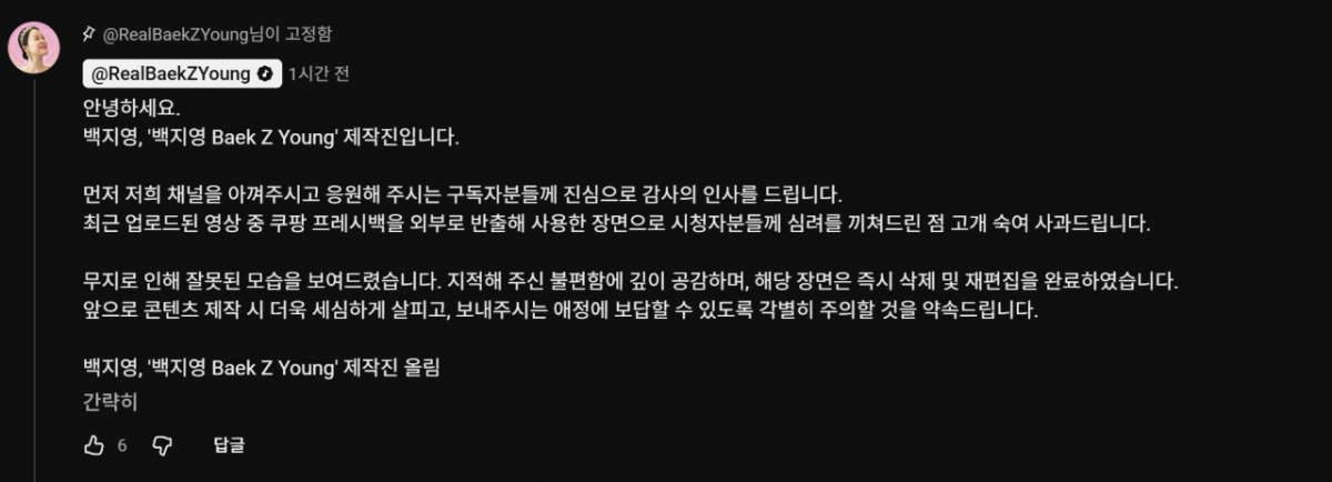 가수 백지영이 '쿠팡 프레시백'을 개인적으로 사용한 모습이 포착돼 논란이 일자 사과했다./사진= 유튜브 채널 '백지영 Baek Z Young' 화면 갈무리