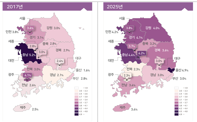 우울증상 유병률 수준을 색으로 표현한 지도. 색상이 진할수록 유병률이 높은 것./사진=질병관리청