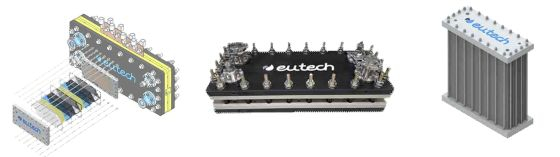 (왼쪽부터)스택 부품 및 구조 설계, 체결기구 검증용 숏스택 제작, 250kW AEM 수전해 스택(예정)/사진=이유텍