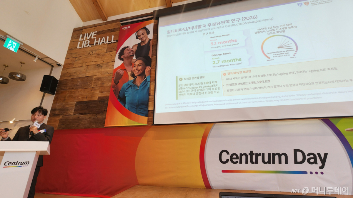 헤일리온이 14일 서울 명동 커뮤니티하우스 마실에서 개최한 기자간담회에서 헤일리온 코리아 의학∙학술부 박민석 본부장이 종합비타민을 2년간 먹고 생체나이가 4개월 젊어진 최신 연구결과를 소개하고 있다. /사진=정심교 기자