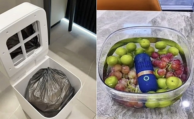 자동 밀봉 기능이 있는 스마트 쓰레기통(왼쪽)과 과일·채소 살균기./사진=틱톡