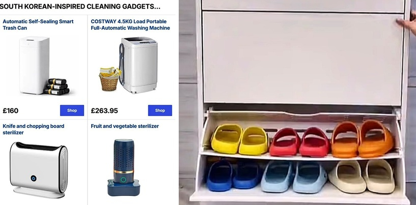 한국의 다양한 위생 가전제품들(왼쪽)과 세균과 악취를 제거하는 신발장./사진=데일리메일
