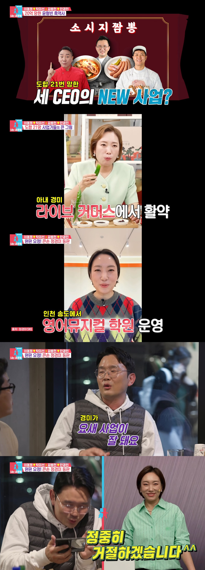 개그맨 윤형빈이 그간 사업 실패로 20억원을 손해봤으나, 아내 정경미의 사업은 잘 된다고 밝혔다./사진=SBS '동상이몽2-너는 내 운명' 방송 화면