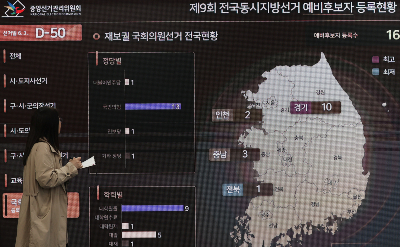 (과천=뉴스1) 오대일 기자 = 제9회 전국동시지방선거를 50일 앞둔 14일 경기 과천시 중앙선거관리위원회 선거종합상황실에서 관계자들이 지방선거 현황이 담긴 전광판을 살펴보고 있다. 전국 시·도지사, 시장, 군수, 구청장, 구·시의원, 교육감 등을 뽑는 이번 선거는 오는 6월 3일(사전투표 5월 29~30일) 열린다. 2026.4.14/뉴스1 Copyright © 뉴스1. All rights reserved. 무단 전재 및 재배포, AI학습 이용 금지. /사진=(과천=뉴스1) 오대일 기자