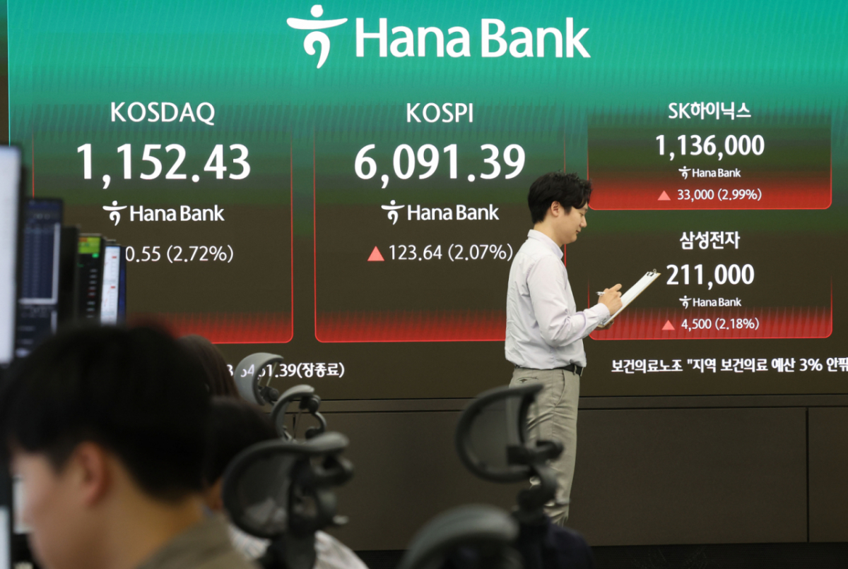 [서울=뉴시스] 조수정 기자 = 코스피가 전 거래일(5967.75)보다 123.64포인트(2.07%) 상승한 6091.39에 마감한 15일 오후 서울 중구 하나은행 딜링룸에서 전광판에 지수가 표시되고 있다.   코스닥 지수는 전 거래일(1121.88)보다 30.55포인트(2.72%) 오른 1152.43에, 서울 외환시장에서 원·달러 환율은 전 거래일(1481.2원)보다 7.0원 하락한 1474.2원에 주간 거래를 마감했다.  시가총액 상위 종목에서는 삼성전자(005930)가 전거래일 대비 4500원(2.18%) 오른 21만1000원에 거래를 마쳤다. SK하이닉스(000660)는 3만3000원(2.99%) 상승한 113만6000원에 마감했다. 장중 117만3000원까지 치솟으며 신고가를 경신하기도 했다. 2026.04.15. chocrystal@newsis.com /사진=조수정