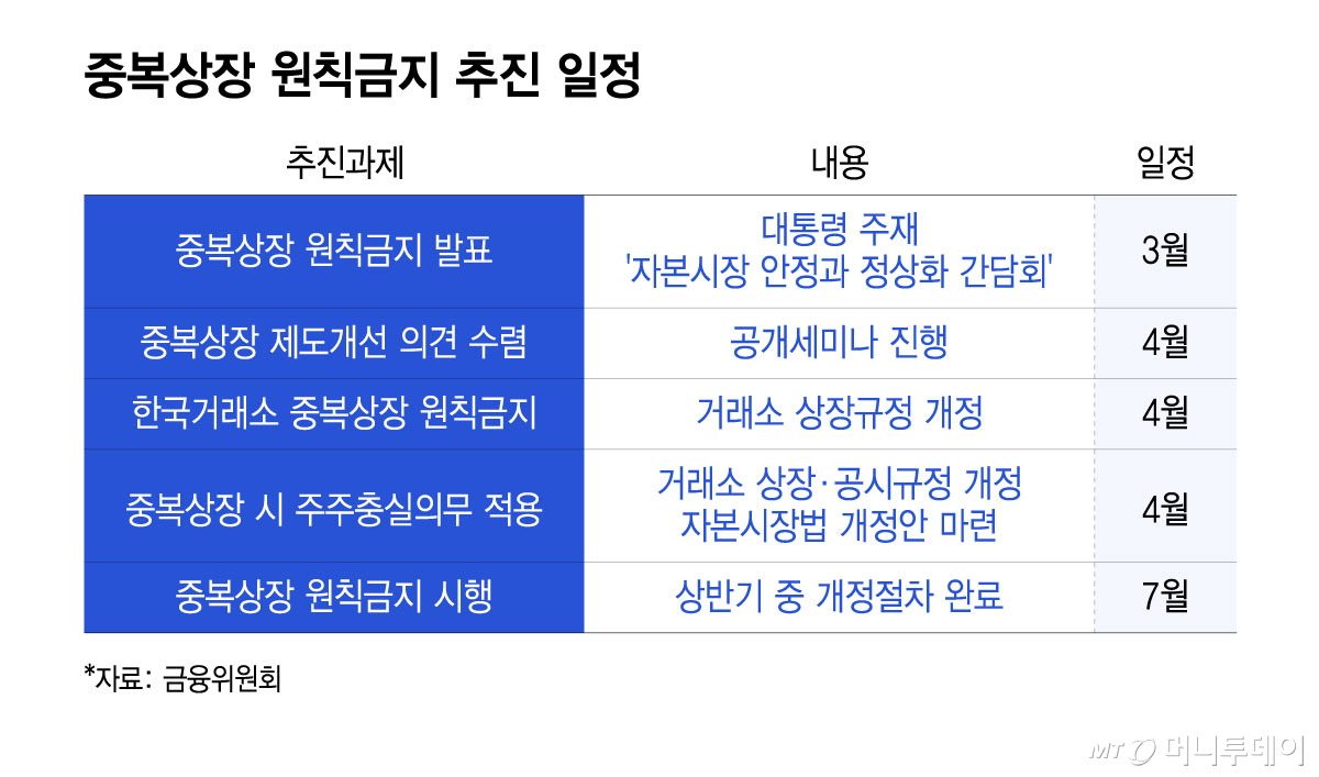 중복상장 원칙금지 추진 일정/그래픽=윤선정