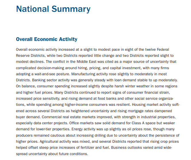 15일(현지시간) 미국 연방준비제도(연준)는 3월 경기동향 보고서(베이지북)를 통해 중동 분쟁 불확실성 증가로 기업들이 투자 관망세를 보이고 있다고 밝혔다./사진=연준 3월 베이지북 일부
