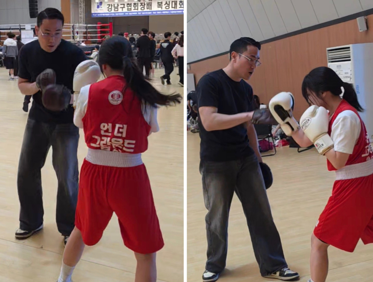 링에 오르기 전에 몸 풀기 위한 강 관장과 미트 트레이닝.