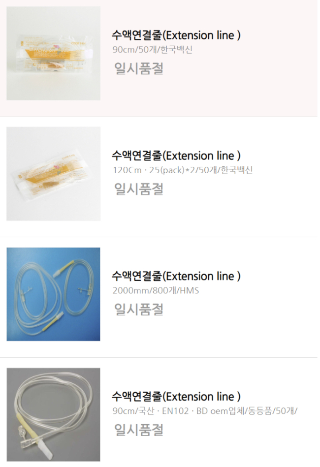 20일 오후 1시30분 국내 온라인 의료 소모품 A쇼핑몰 화면. 수액연결줄 제품도 품절된 상태다. /사진=해당 쇼핑몰 웹사이트 캡처