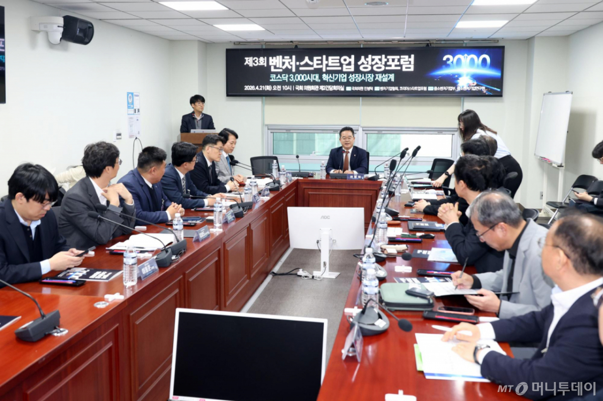 민병덕 더불어민주당 의원이 21일 서울 여의도 국회 의원회관에서 열린 제3회 벤처-스타트업 성장포럼에서 인사말을 하고 있다. /사진=뉴시스