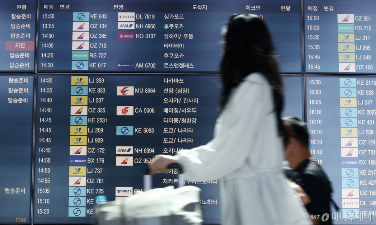 고유가 상황에서 여름철 성수기를 앞두고 여행 수요가 전반적으로 줄고 있는 가운데 19일 오후 인천국제공항에서 한 시민이 항공편을 보고 있다. /사진=뉴스1