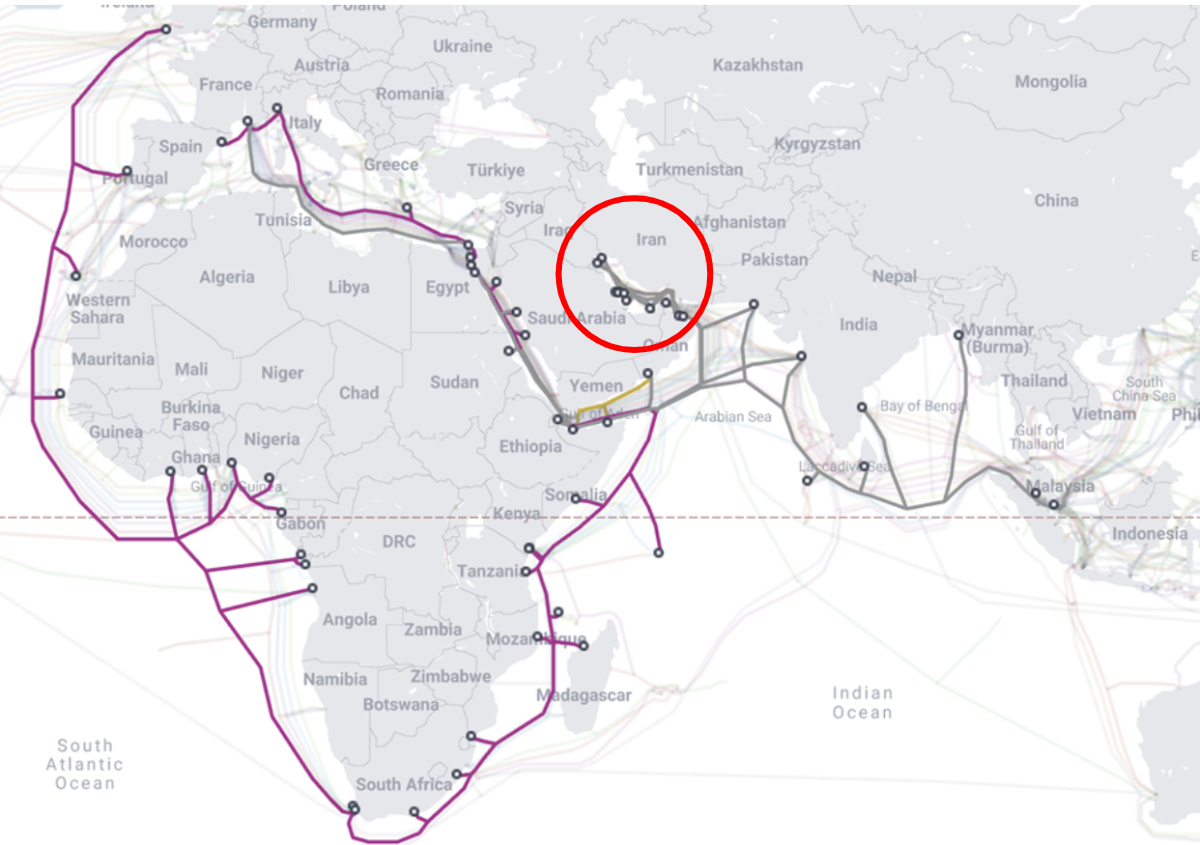 글로벌 해저 케이블 지도. 가운데 붉은 원이 호르무즈 해협 영역/사진=스팀슨센터