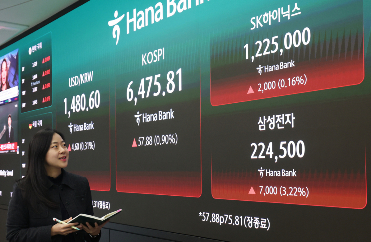 (서울=뉴스1) 오대일 기자 = 코스피가 종가 기준 사상 최고치를 경신한 23일 오후 서울 중구 하나은행 딜링룸 전광판에 삼성전자와 SK하이닉스 종가가 표시되고 있다.  이날 코스피는 전 거래일 대비 57.88포인트(0.90%) 상승한 6475.81, 코스닥은 6.81포인트(0.58%) 하락한 1174.31로 장을 마쳤다. 2026.4.23/뉴스1  Copyright © 뉴스1. All rights reserved. 무단 전재 및 재배포,  AI학습 이용 금지. /사진=(서울=뉴스1) 오대일 기자