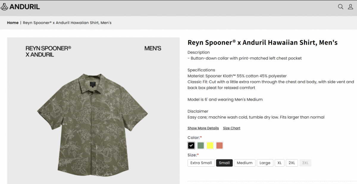 안두릴에서 판매하는 하와이안 셔츠. 창업자 팔머 러키의 스타일에 착안해 제작됐다./사진=안두릴 웹사이트