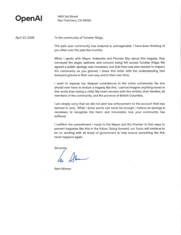 샘 올트먼 오픈AI(최고경영자)가 캐나다 브리티시컬럼비아주 텀블러리지 지역사회에 보낸 서한 /사진= 데이비드 에비 브리티시컬럼비아주지사 X
