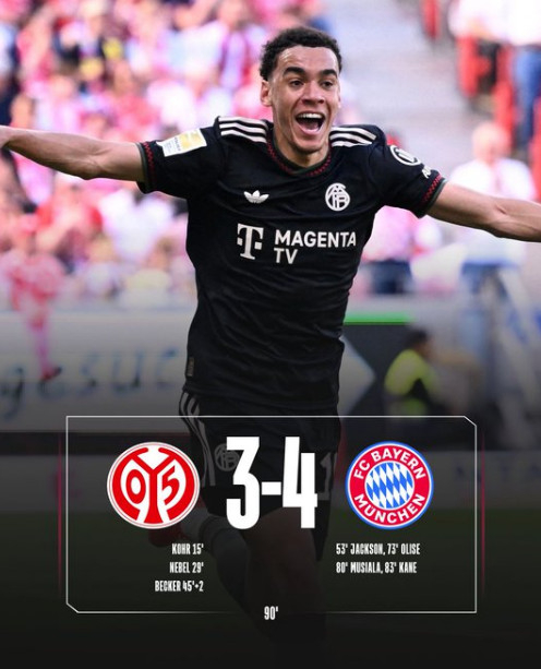 바이에른 뮌헨은 26일(한국시간) 독일 마인츠의 메바 아레나에서 열린 2026~2026 독일 프로축구 분데스리가 31라운드 원정에서 마인츠에 4-3으로 역전승했다. 사진은 골 넣고 기뻐하는 자말 무시알라. /사진=바이에른 뮌헨 공식 SNS 갈무리