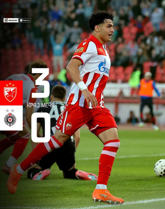 즈베즈다는 27일(한국시간) 세르비아 베오그라드의 라이코 미티치에서 열린 파르티잔과의 2025-2026 세르비아 수페르리가 챔피언십 3라운드 홈 경기에서 3-0 완승을 거뒀다. /사진=즈베즈다 공식 SNS 갈무리