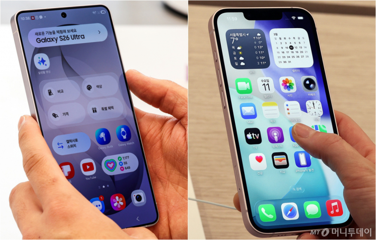 (서울=뉴스1) 김진환 기자 = 삼성전자의 프리미엄 AI 스마트폰 ‘갤럭시S26 시리즈’와 애플의 보급형 ‘아이폰 17e’가 11일 동시에 출시됐다. 갤럭시 S26은 200만원이 넘는 울트라 모델에도 사전판매 135만대를 기록했다. 애플은 아이폰 17e를 99만원으로 책정하며 가성비 전략을 내세웠다. 사진은 이날 공식 출시한 갤럭시 S26 울트라(왼쪽)와 아이폰 17e. 2026.3.11/뉴스1  Copyright © 뉴스1. All rights reserved. 무단 전재 및 재배포,  AI학습 이용 금지. /사진=(서울=뉴스1) 김진환 기자