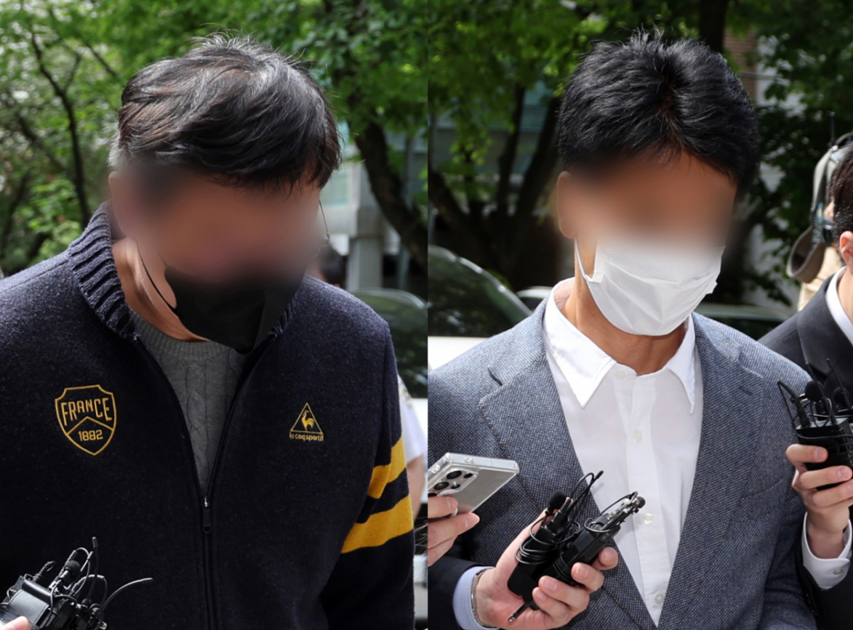 인플루언서인 아내의 사기 사건을 무마하기 위해 경찰에 향응·청탁을 제공한 혐의를 받는 재력가 이 모씨(왼쪽)와 이를 대가로 사건을 무마해 준 혐의를 받는 서울 강남경찰서 소속 송 모 경감이 22일 오후 서울 양천구 서울남부지법에서 열린 구속 전 피의자 심문(영장실질심사)에 출석하고 있다. /사진=뉴스1.