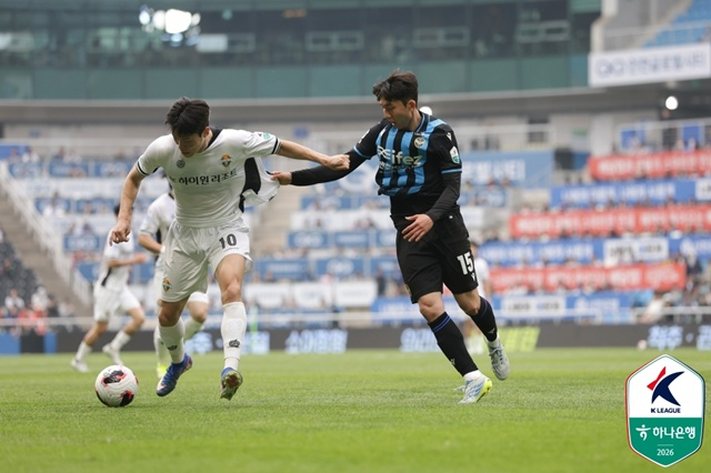 경기에 집중하는 강원FC 모재현(왼쪽)과 인천유나이티드 서재민. /사진=한국프로축구연맹 제공