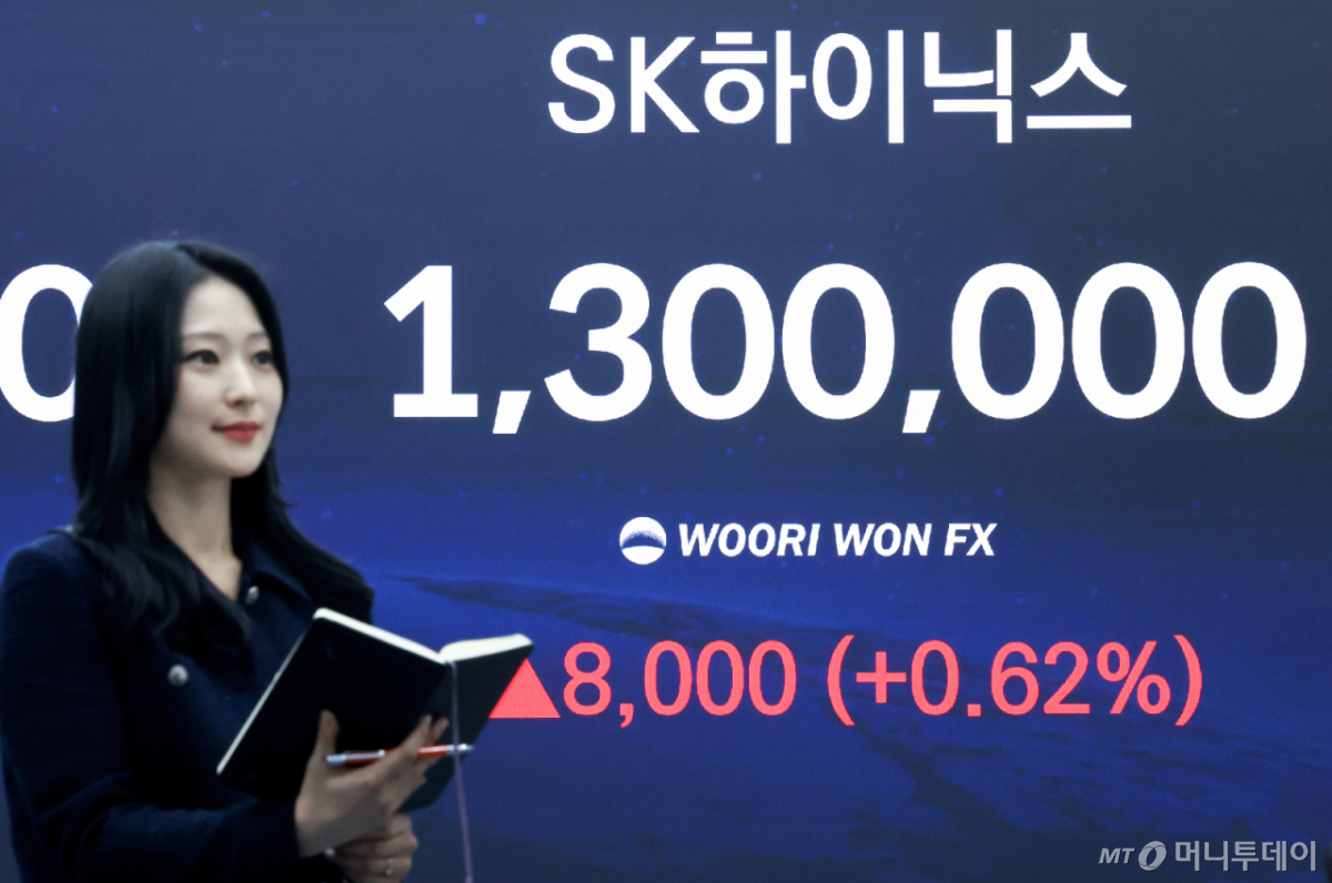 코스피 지수가 연일 사상 최고치를 경신한 지난달 28일 오후 서울 중구 우리은행 본점 딜링룸 전광판에 SK하이닉스 종가가 표시되고 있다.  이날 코스피는 전 거래일 대비 25.99포인트(0.39%) 오른 6641.02에 거래를 마쳤다. /사진=뉴스1