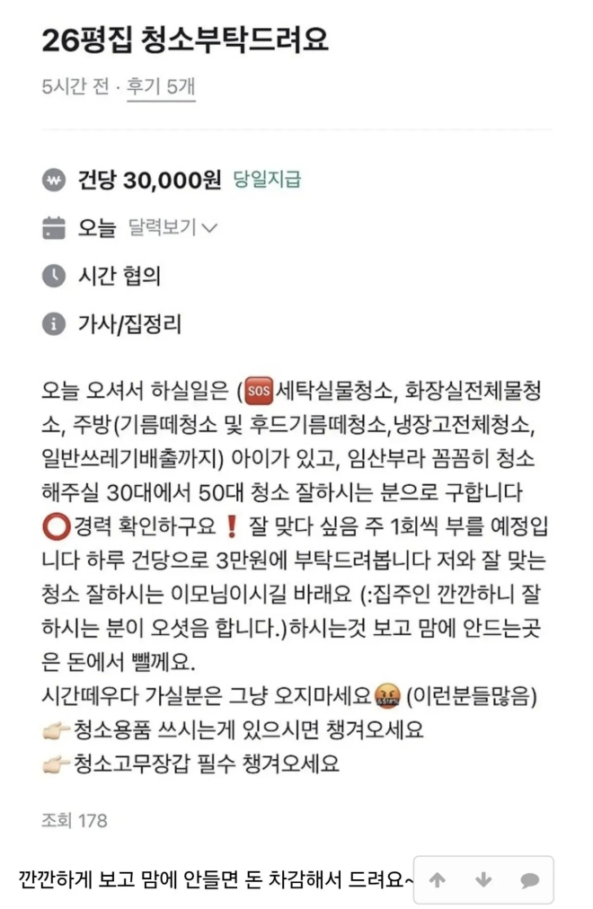 "집 청소해 줄 사람을 구한다"며 일당으로 3만원을 제시한 구인 광고가 올라와 논란이다. /사진=당근알바 캡처