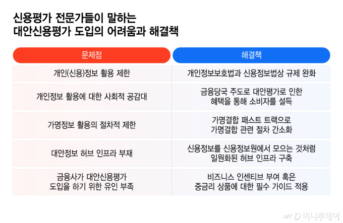 신용평가 전문가들이 말하는 대안신용평가 도입의 어려움과 해결책/그래픽=윤선정