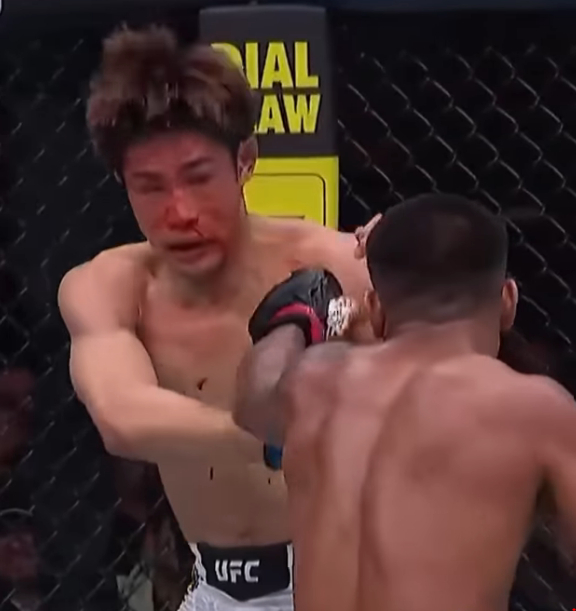 조슈아 반(오른쪽)의 왼손 스트레이트가 타이라 타츠로의 안면에 적중하고 있다. /사진=UFC 공식 사회관계망서비스 갈무리