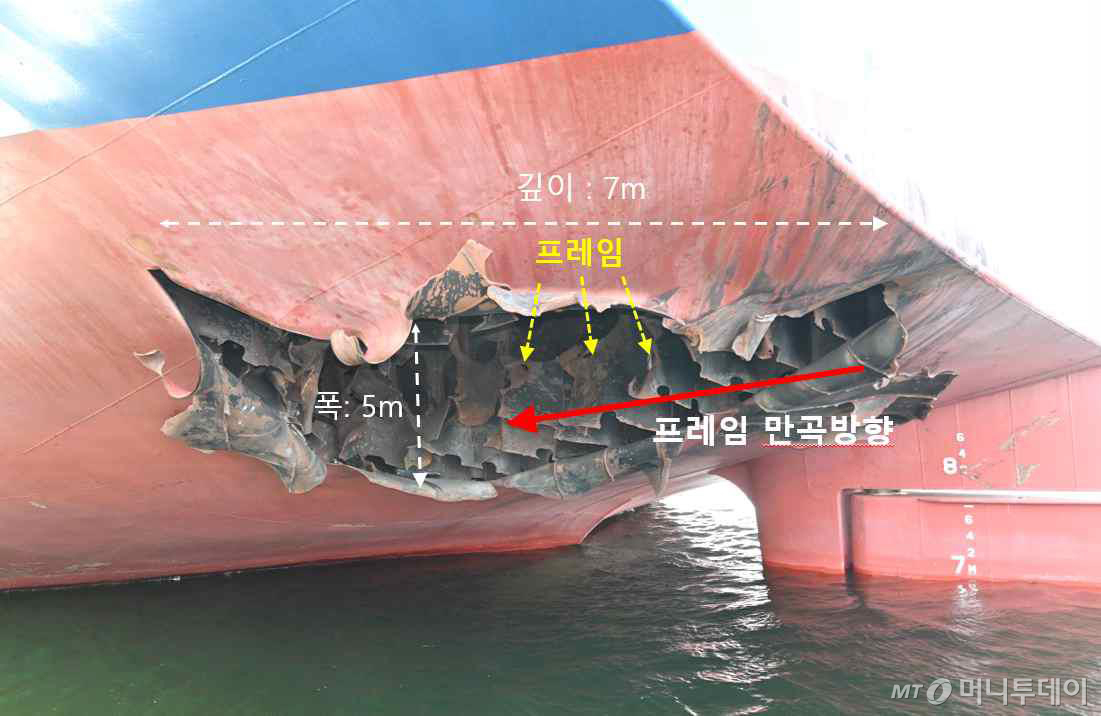 [서울=뉴시스] 외교부는 10일 "호르무즈 해협에 정박중이던 HMM 나무호 관련 정부 합동 조사단이 현장 조사를 지난 8일 실시했다"며 "조사 결과 지난 4일 미상의 비행체가 HMM 선미를 타격한 것으로 확인됐다"고 밝혔다.  박일 외교부 대변인은 이날 브리핑에서 "CCTV 영상에 해당 비행체가 포착됐으나 발사 주체 정확한 기종 및 물리적 크기 등을 확인하기에는 제약이 있는 상황"이라며 "현장에서 수거된 비행체 엔진 잔해 등을 추가 분석할 예정"이라고 말했다. 사진은 미상의 비행체 타격으로 훼손된 나무호 선미 외판 모습. (사진=외교부 제공) 2026.05.10. photo@newsis.com *재판매 및 DB 금지 /사진=