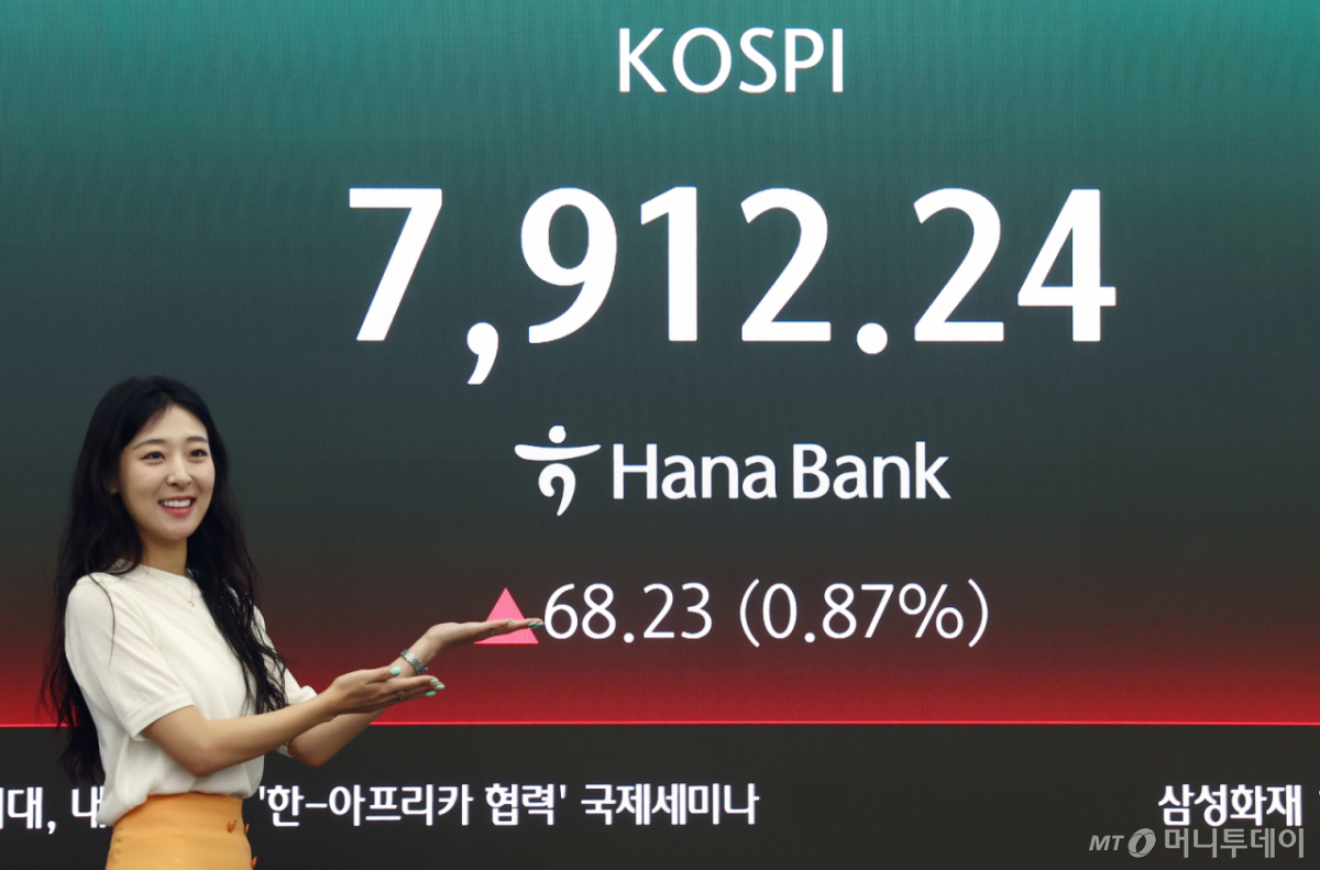 (서울=뉴스1) 김민지 기자 = 14일 오전 서울 중구 하나은행 본점 딜링룸 전광판에 코스피 지수 등이 나오고 있다. 이날 코스피는 전 거래일(7844.01)보다 29.90포인트(0.38%) 상승한 7873.91, 코스닥 지수는 전 거래일(1176.93)보다 10.09포인트(0.86%) 오른 1187.02에 거래를 시작했다. 원·달러 환율은 전 거래일 주간거래 종가(1490.6원)보다 0.8원 내린 1489.8원에 출발했다. 2026.5.14/뉴스1 Copyright © 뉴스1. All rights reserved. 무단 전재 및 재배포, AI학습 이용 금지. /사진=(서울=뉴스1) 김민지 기자