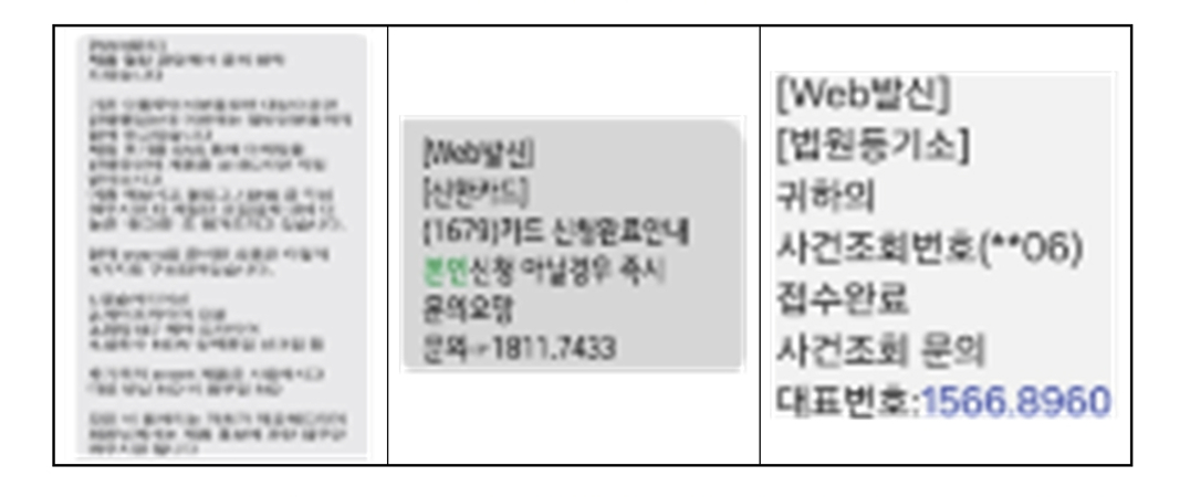 B 업체 등 문자발송 서비스 업체에서 발송된 피싱 미끼문자 내용./사진제공=서울경찰청 광역수사단 광역범죄수사대.