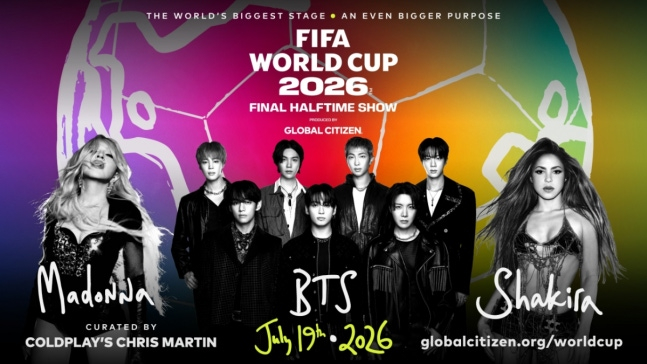 세계적인 팝스타 마돈나, 샤키라와 함께 2026 국제축구연맹(FIFA) 북중미 월드컵 결승전 하프타임 쇼 무대에 오르는 그룹 방탄소년단(BTS). /사진=글로벌 시티즌 제공