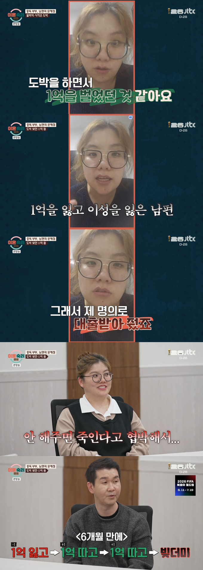 월 1000만원 벌던 '중독부부' 남편이 도박에 눈이 멀어 대출까지 받은 뒤 돈을 몽땅 날렸다고 밝혔다. /사진=JTBC '이혼숙려캠프' 방송 화면