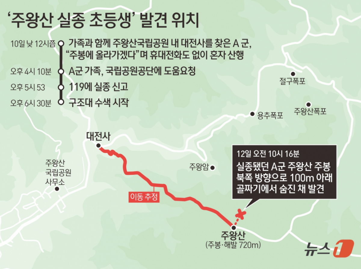 지난 10일 경북 청송 주왕산에서 실종된 초등생이 사흘 만에 결국 숨진 채로 발견됐다. 경찰 등에 따르면 실종됐던 A 군이 이날 오전 10시 16분쯤 주왕산국립공원 주봉(해발 720m)에서 북쪽 방향으로 100m 아래 골짜기에서 숨진 채 발견됐다. A 군이 발견된 곳은 얕은 계곡과 바위가 많고 나무와 풀이 우거져 사람의 접근이 쉽지 않은 급경사 골짜기로 알려졌다. /사진=뉴스1